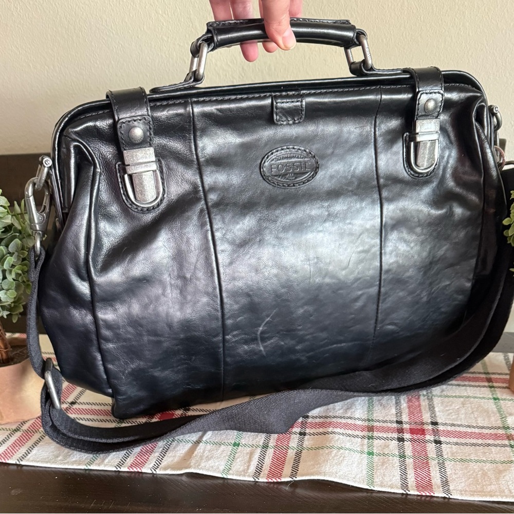 Black Fossil Leather Briefcase